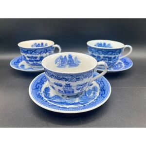 Vtg Blue Willow Tea Cups and Saucers Set of 3 Occupied Japan Blue 1920s-1930s